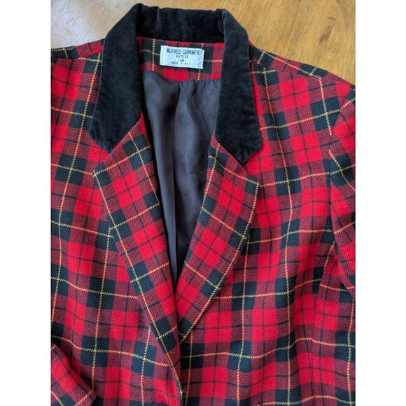 Vintage Alfred Dunner Tartan Blazer Red Wool Velvet Collar 14P Holiday 90s Boxy - Picture 3 of 11